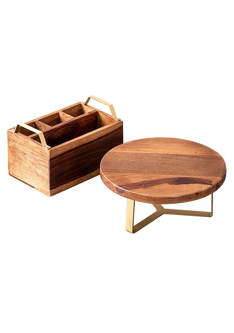 Brown Wooden Cake Stand With 4 Section Cutlery Holder