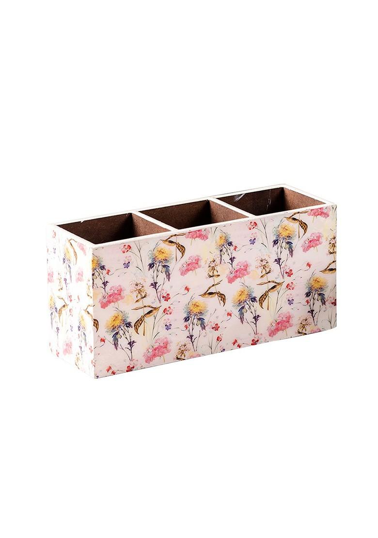 White And Pink Printed Wooden Cutlery Holder
