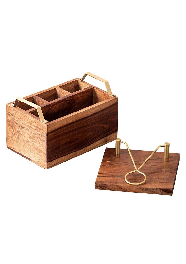 Set Of 2 Brown Solid Wooden Cutlery And Tissue Holder Set