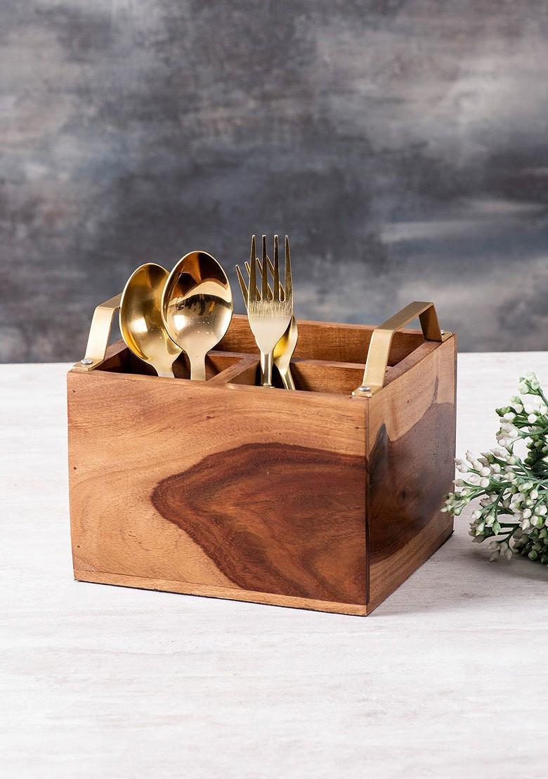 Brown And GoldToned Wooden Cutlery Holder