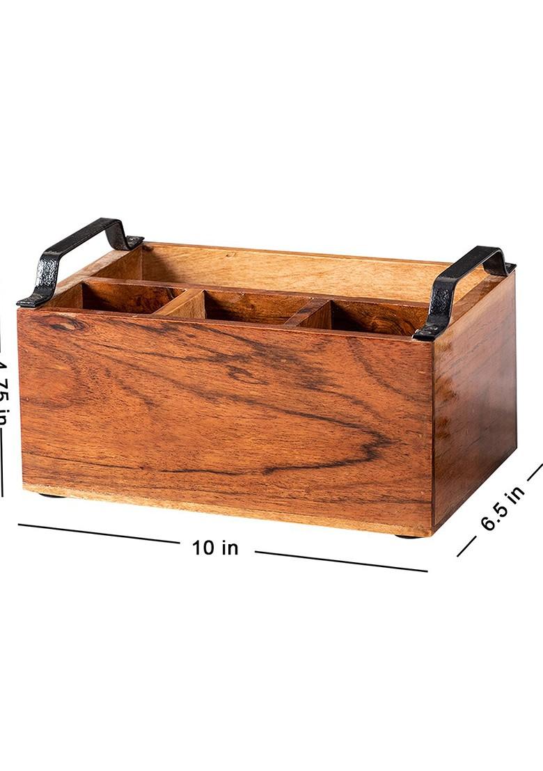 Brown Teak Wood 4 Section Cutlery Holder