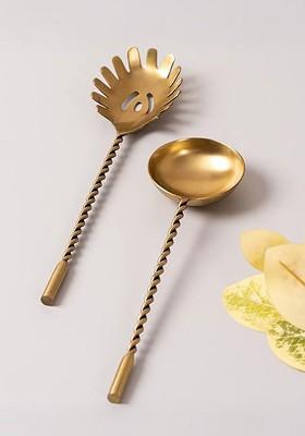 GoldToned Serving Spoon And Salad Server Fork With Long Handle