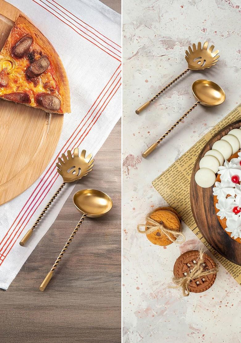 GoldToned Serving Spoon And Salad Server Fork With Long Handle