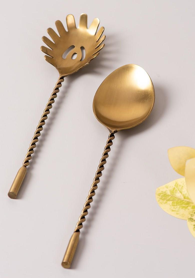 GoldToned Serving Spoon And Salad Server Fork With Long Handle