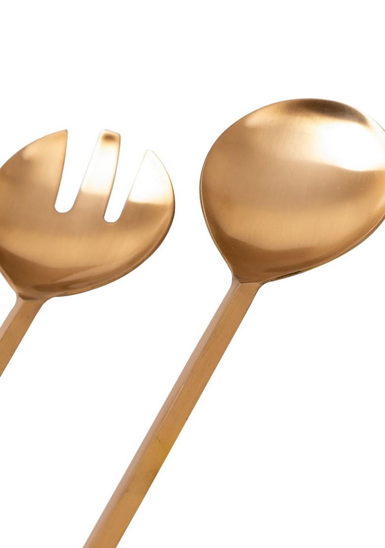 GoldToned Serving Spoon And Salad Server Fork With Long Handle