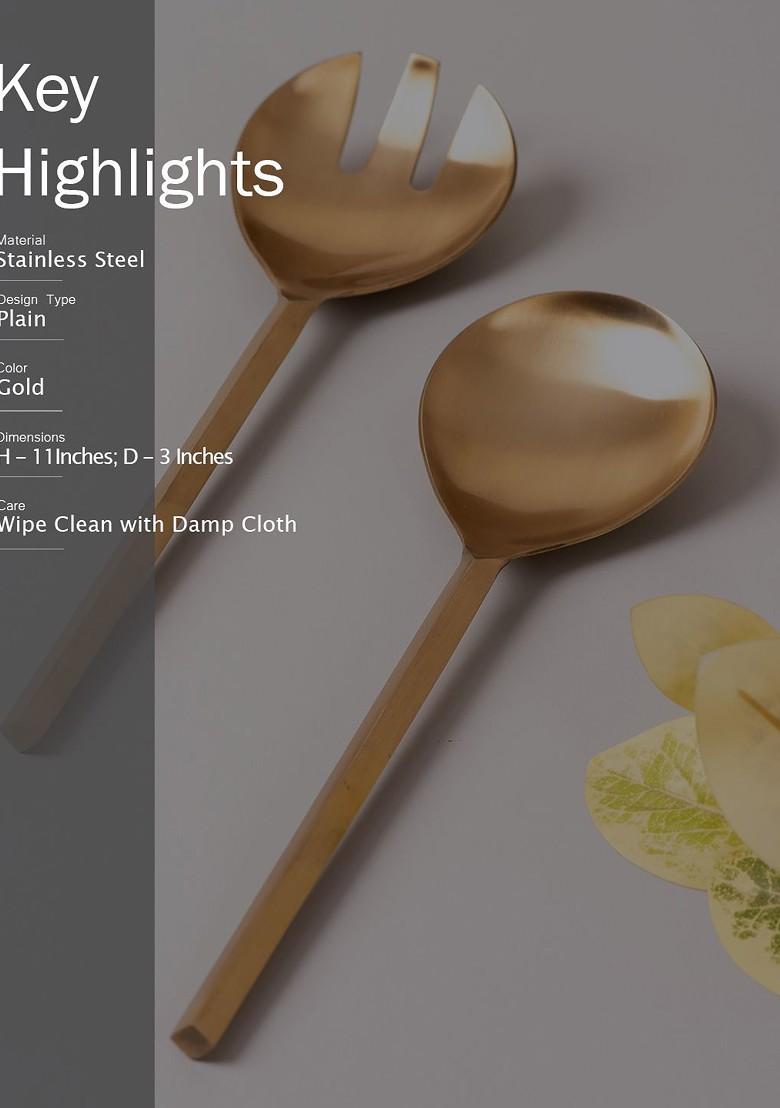 GoldToned Serving Spoon And Salad Server Fork With Long Handle