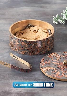 Grey And Brown Printed Chapatti Box With Tong