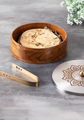 Brown And SilverToned Solid Chapatti Box With Tong