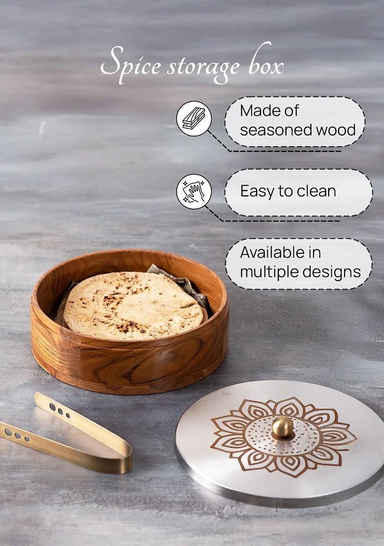 Brown And SilverToned Solid Chapatti Box With Tong