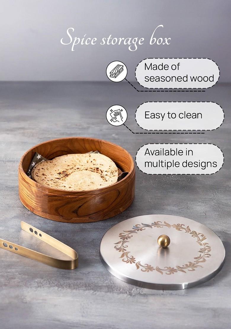 Brown And SilverToned Solid Wooden Chapatti Box With Tongs