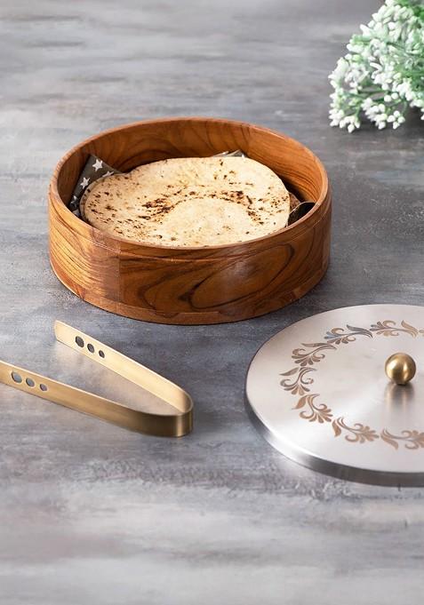 Brown And SilverToned Solid Wooden Chapatti Box With Tongs