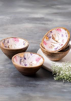 Set Of 4 Brown And White Printed Wooden Decorative Serving Bowl