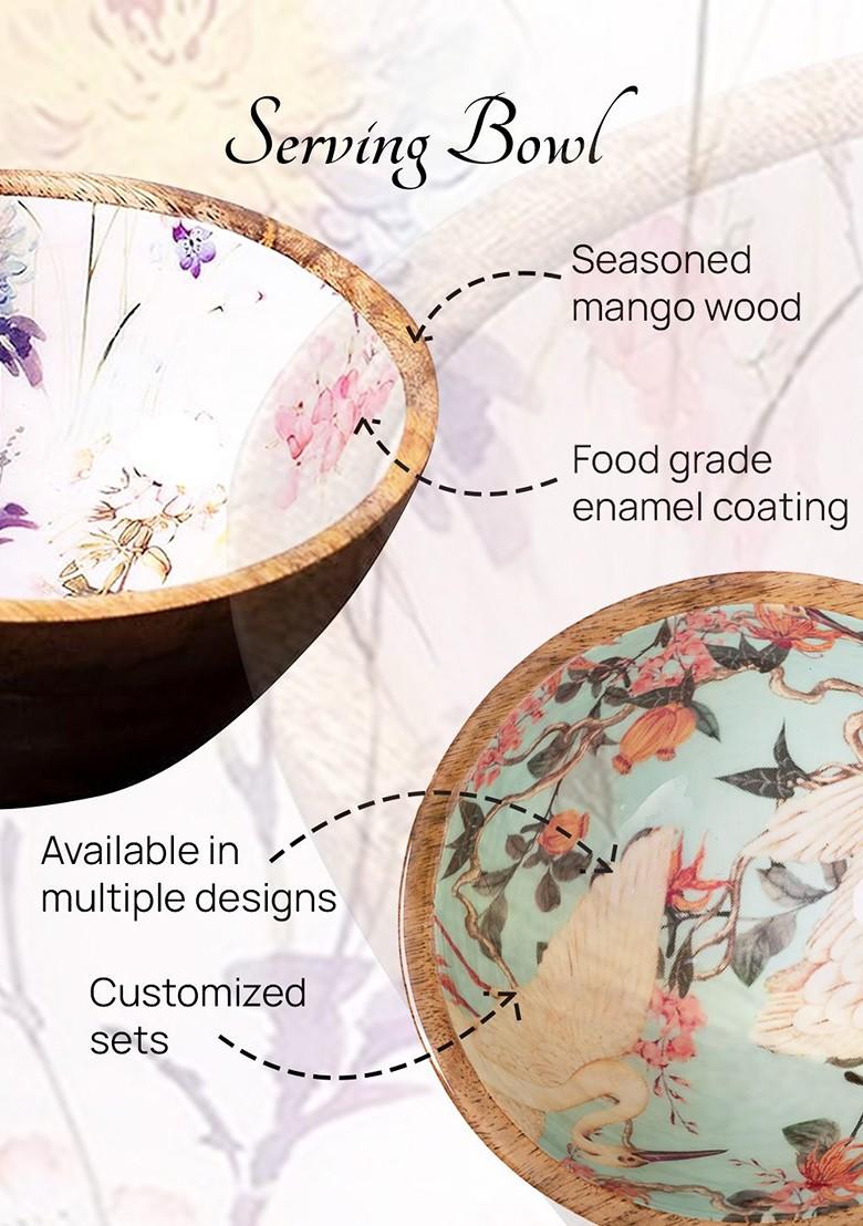 Set Of 4 Brown And White Printed Wooden Decorative Serving Bowl