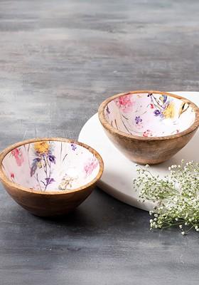 Set Of 2 Brown And White Printed Decorative Bowls