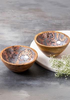Set Of 2 Brown And Grey Printed Enamelled Wooden Decorative Bowls