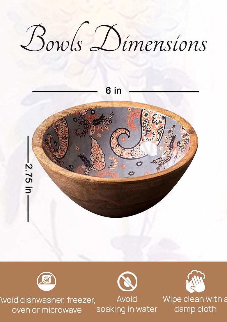 Set Of 2 Brown And Grey Printed Enamelled Wooden Decorative Bowls