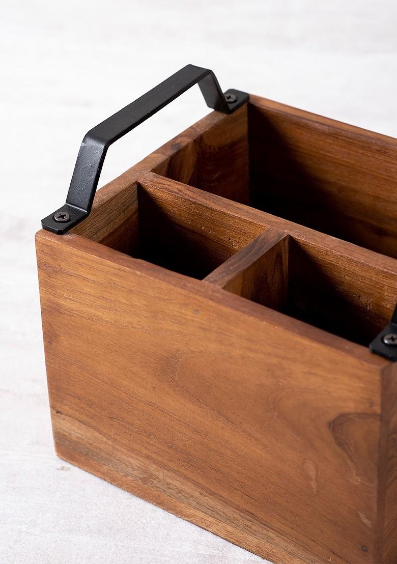 Teak Wood With Stainless Steel Black Handles Wooden Spoon Stand