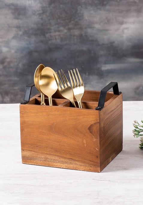 Teak Wood With Stainless Steel Black Handles Wooden Spoon Stand