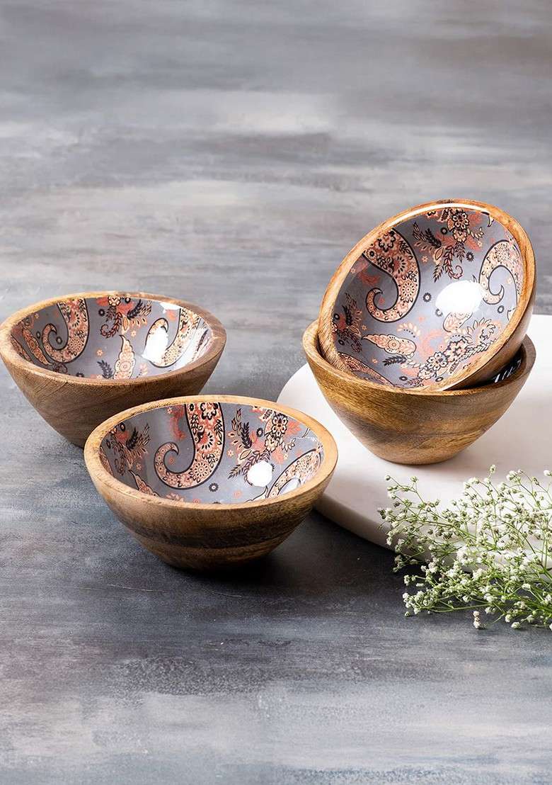 Set Of 4 Beige And Grey Printed Enamelled Wooden Decorative Bowls - Indya