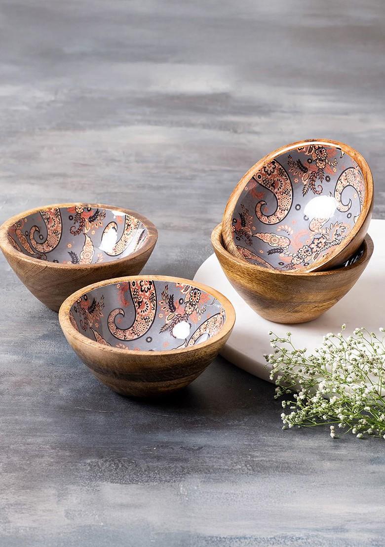 Set Of 4 Beige And Grey Printed Enamelled Wooden Decorative Bowls