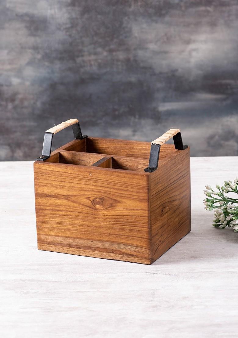 Brown Square Teak Wood Cutlery Holder
