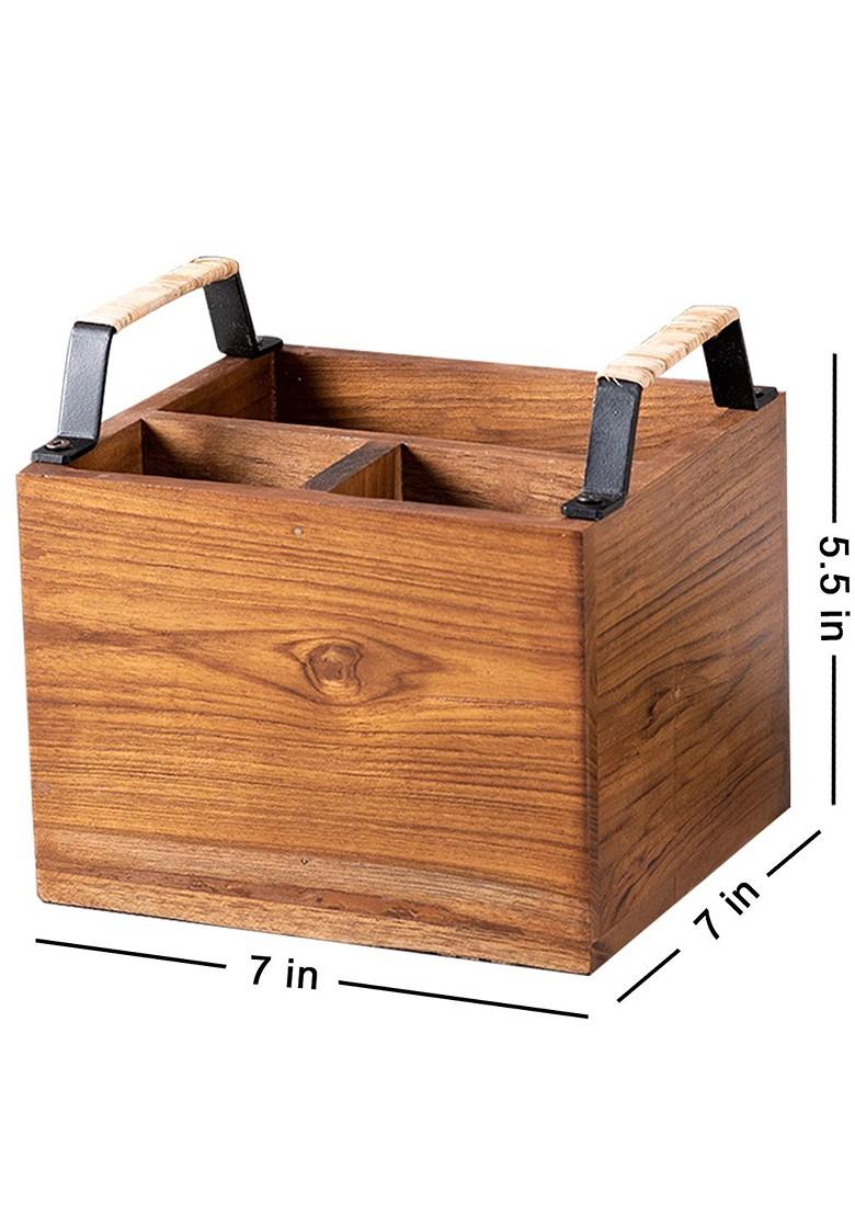 Brown Square Teak Wood Cutlery Holder