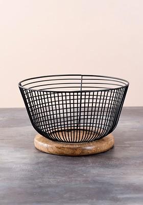 Black Toned Hand Painted Fruit Basket With Wooden Base