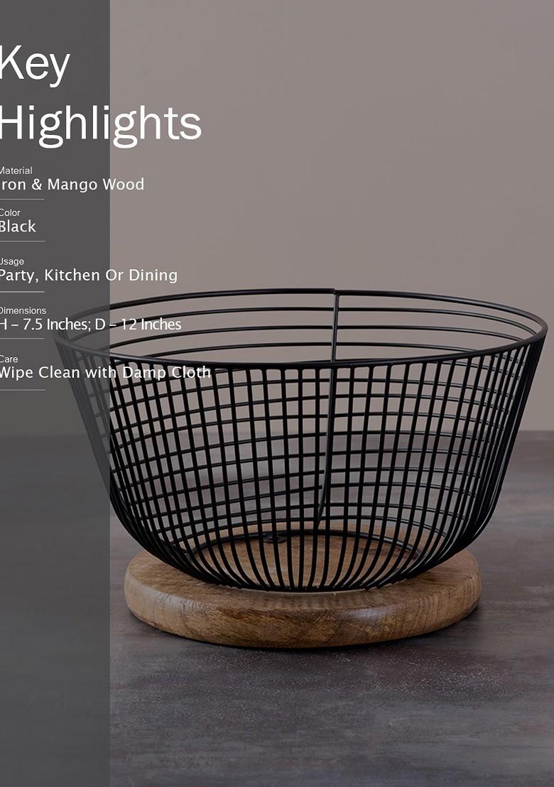 Black Toned Hand Painted Fruit Basket With Wooden Base