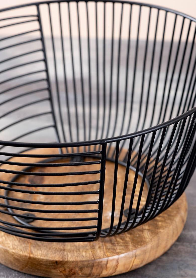 Black Toned Hand Painted Fruit Basket With Wooden Base