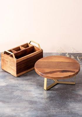 Set Of Brown Wooden Cutlery Holder And Cake Stand