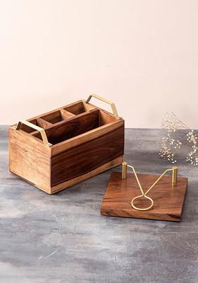 Set Of 2 Brown Solid Wooden Cutlery And Tissue Holder Set