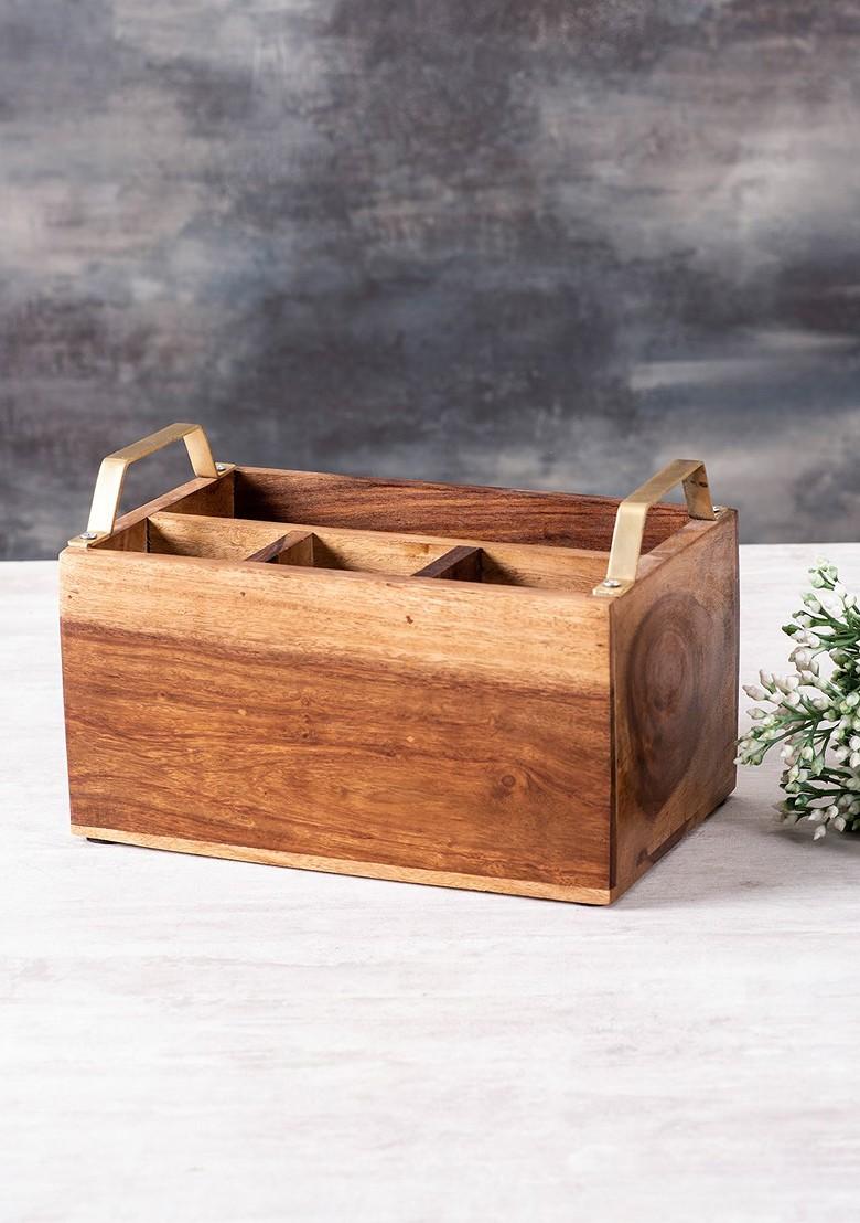 Set Of 2 Brown Solid Wooden Cutlery And Tissue Holder Set