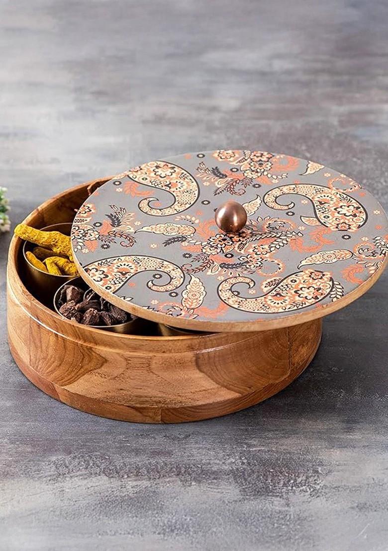 Grey Printed Teak Wooden Masala Box Metallic Lid