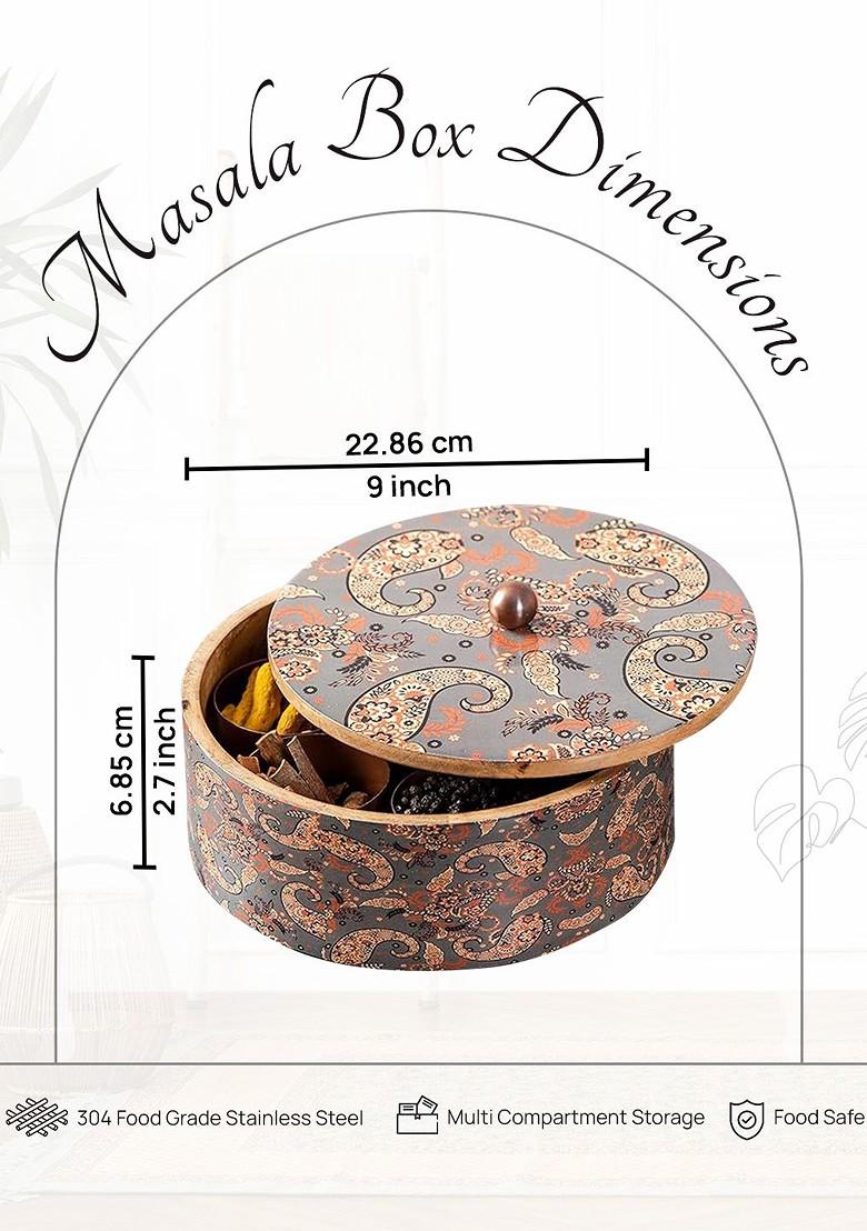Grey And Beige Mango Wood Masala Box Or Spice Jar Container