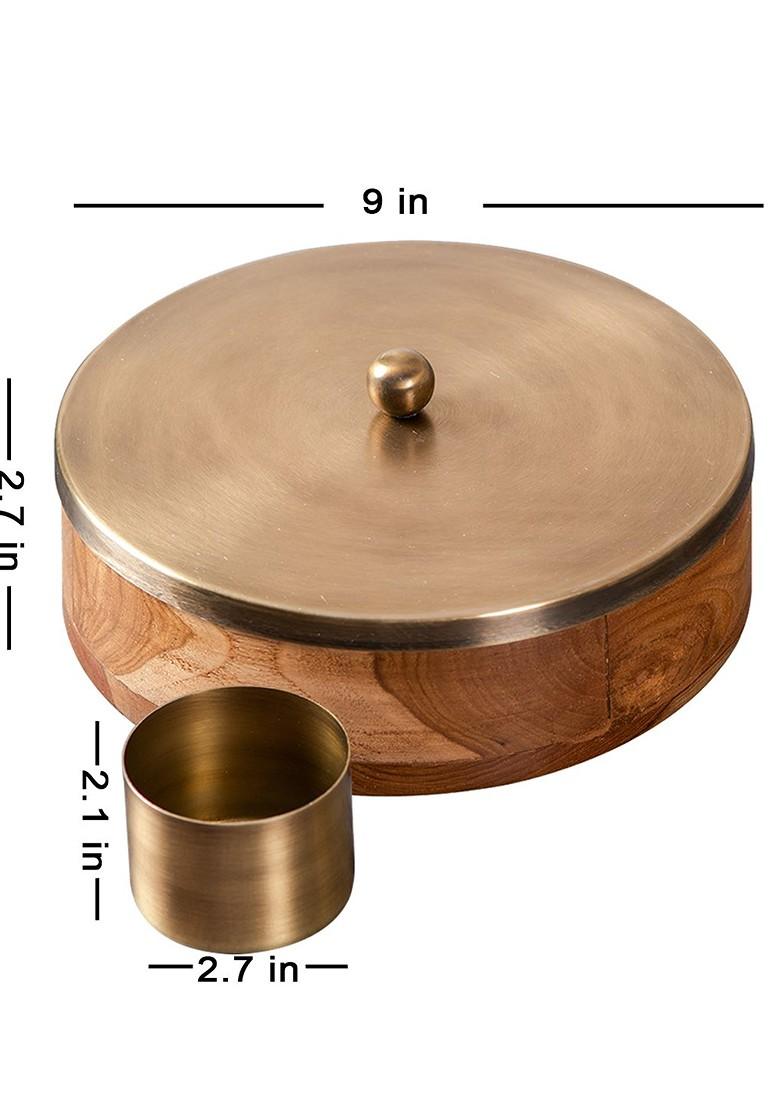 GoldenToned And Brown Wooden Masala Box With 7 Masala Jar