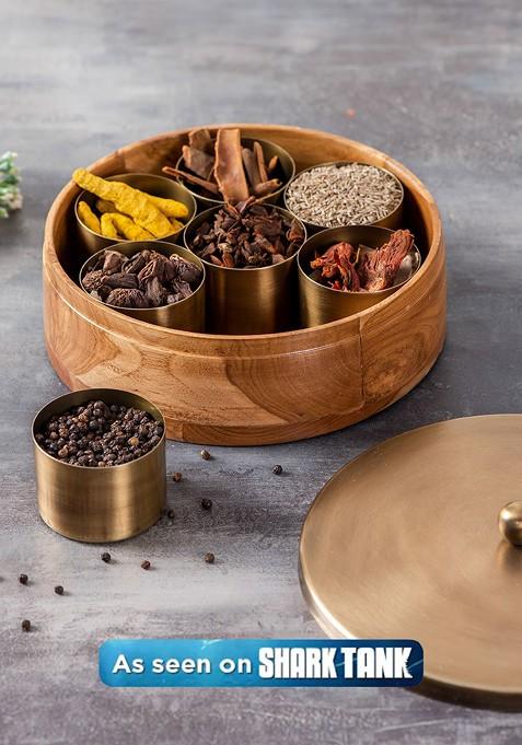 GoldenToned And Brown Wooden Masala Box With 7 Masala Jar