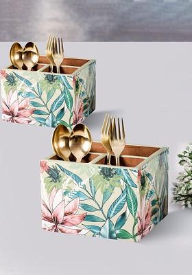 CreamColoured And Green Set Of 2 Printed Wooden Cutlery Holder