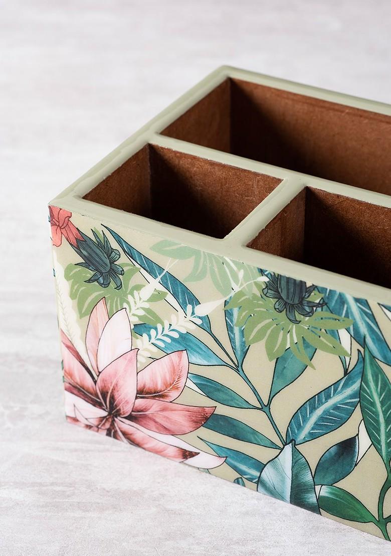 Green And Pink Printed Wooden Cutlery Holder