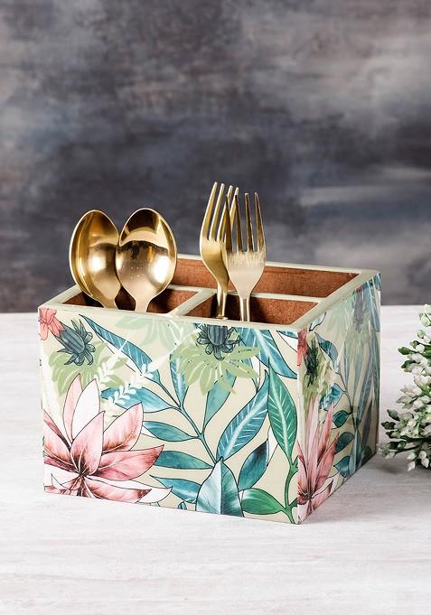 Green And Pink Printed Wooden Cutlery Holder