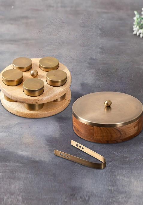 Brown And GoldToned Masala Box And Chapati Box Combo Set