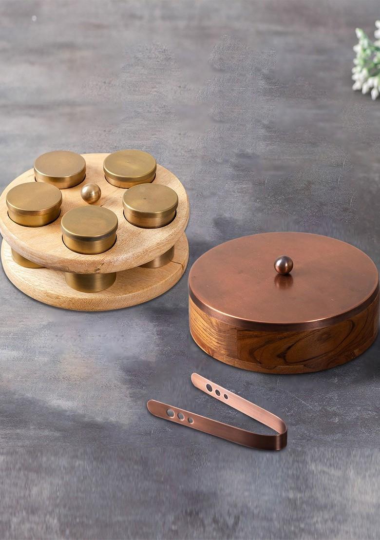 Brown Set Of 2 Solid Wooden Spice Box And Chapati Box With Lid And Tongs