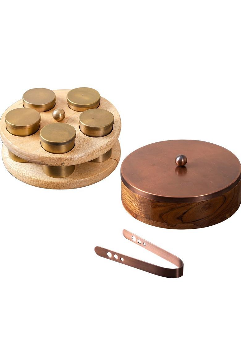 Brown Set Of 2 Solid Wooden Spice Box And Chapati Box With Lid And Tongs