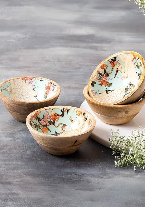 Set Of 4 Brown And Green Printed Mango Wood Serving Bowls