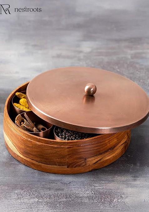 Brown Solid Mango Wood Round Chapati Box With Tong