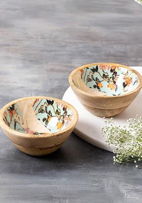 Set Of 2 Brown And Green Printed Mango Wood Serving Bowls