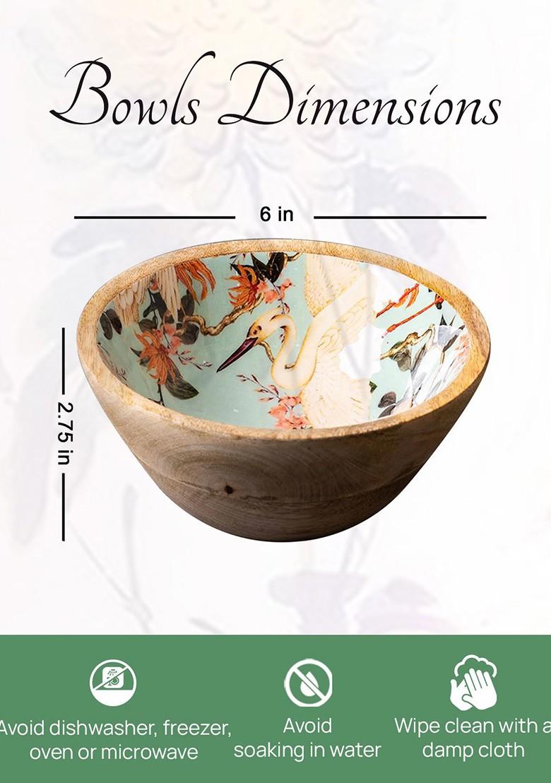 Set Of 2 Brown And Green Printed Mango Wood Serving Bowls