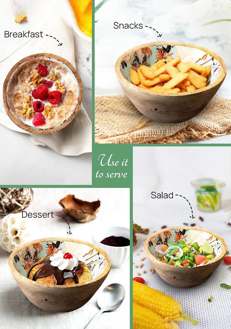 Set Of 2 Brown And Green Printed Mango Wood Serving Bowls