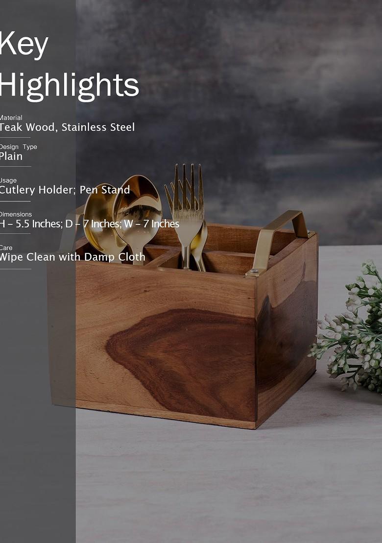 Brown Solid Sheesham Wood Cutlery Holder With Brass Handle