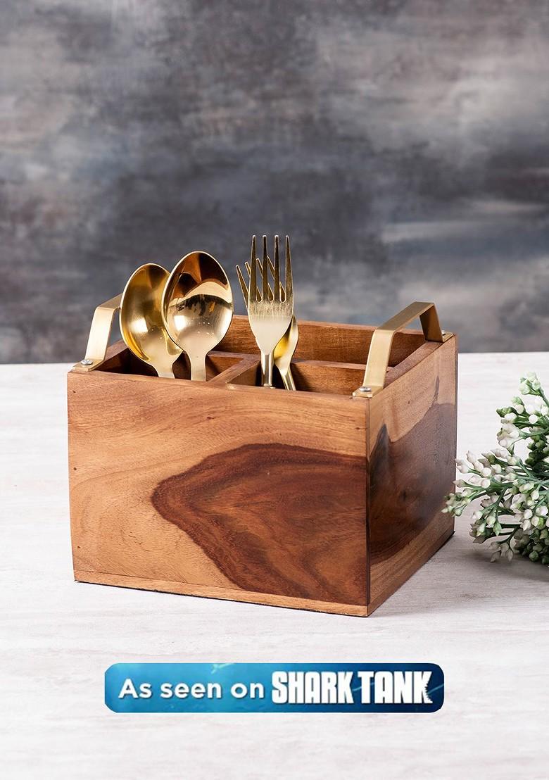 Brown Solid Sheesham Wood Cutlery Holder With Brass Handle