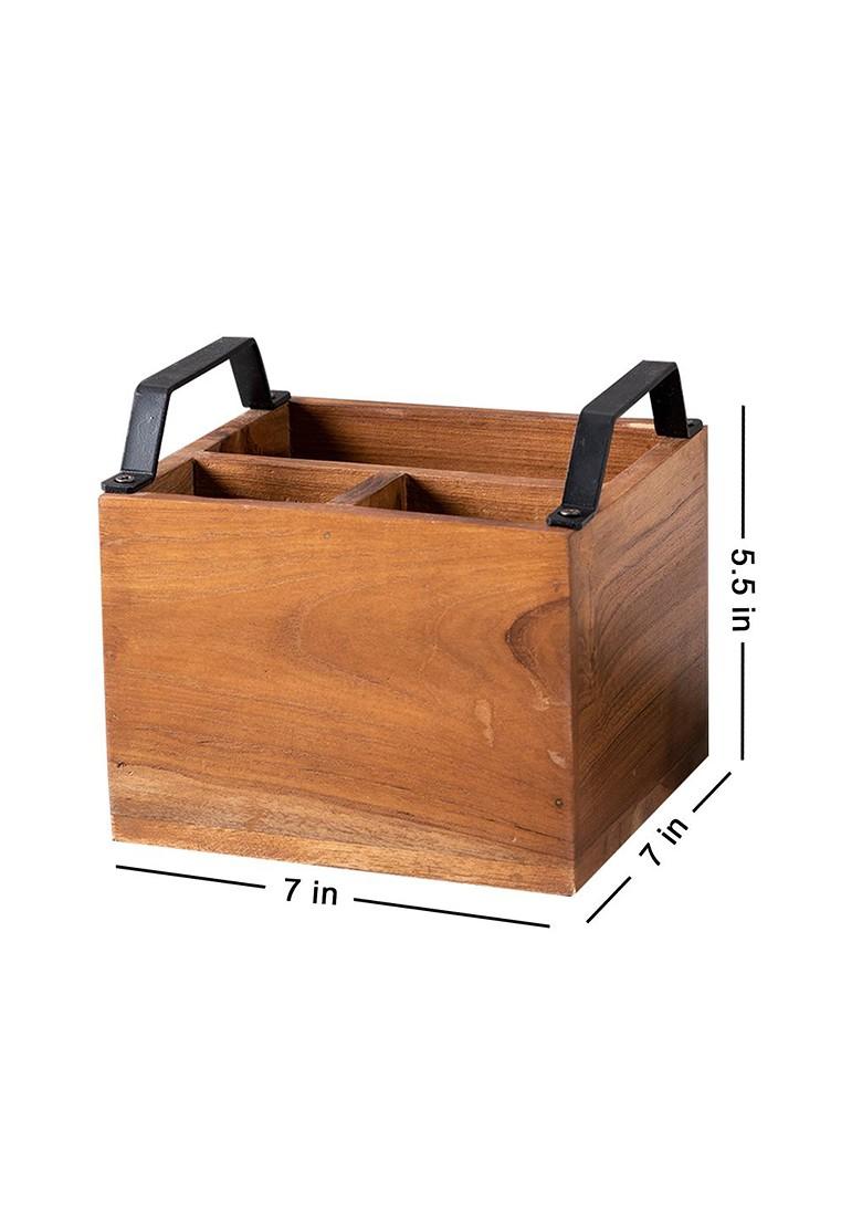 Brown Solid Teak Wood Cutlery Holder With Black Handle